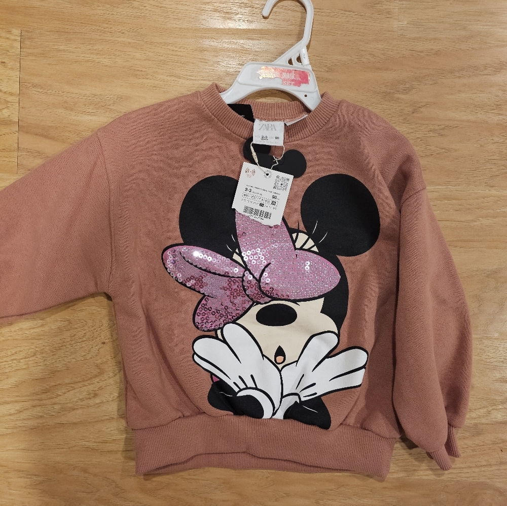 New ZARA Kids Disney Minnie Mouse Sequin Bow Sweatshirt Size 2 - 3 Years